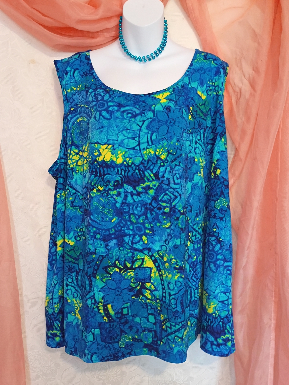 Catherines Ladies Blue & Teal Floral-Print Sleeveless Top Sz 2X